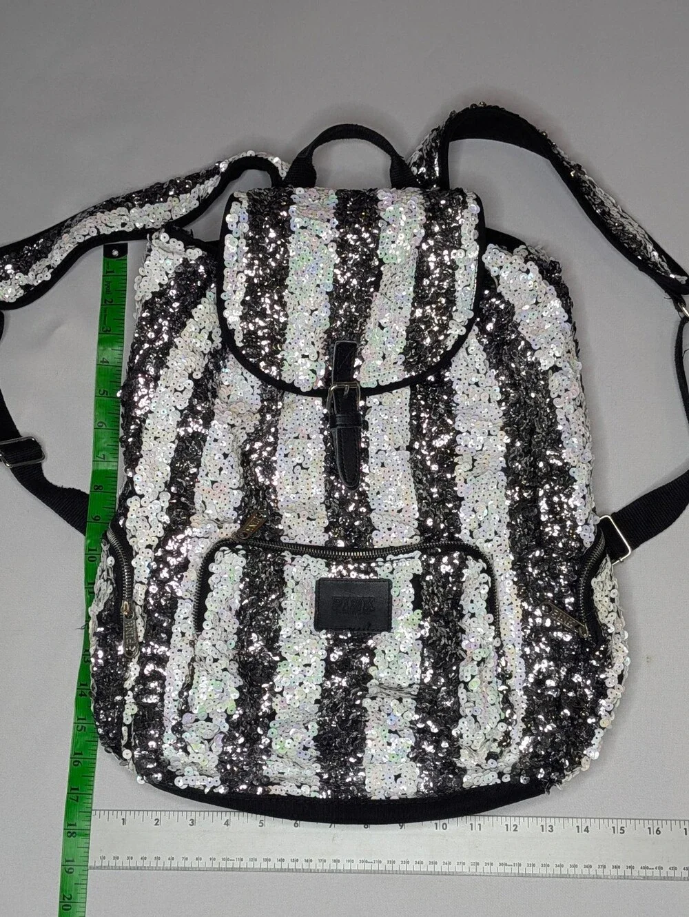 Rare Victoria’s Secret PINK Black White Stripe Bling Sequin Canvas Backpack